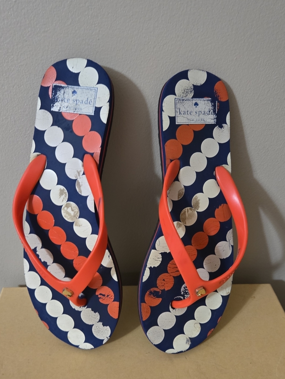 kate spade navy flip flops with white and coral polka dots Size 10M
